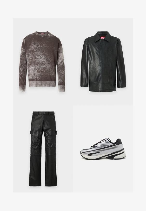 Jachetă din piele neagră cu guler clasic, deschidere frontală unică și design minimalist. Prezintă o etichetă de marcă roșie proeminentă în interior.; Pulover cu mâneci lungi, guler rotund, cu model marmorat maro și gri, cu manșete și tiv striate, având un mic logo brodat pe piept.; Pantaloni din piele neagră cu un design drept, având două buzunare frontale cu fermoar și buzunare laterale mari pentru un plus de spațiu de stocare.; Pantof cu alergare cu un țesut superior din plasă argintie, accente negre și talpă albă. Dispune de un design texturat și șireturi negre. Ușor și căptușit.