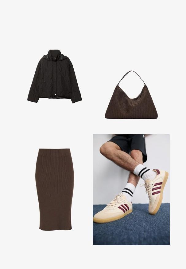 Čierna prešívaná bunda s vysokým golierom, dvoma prednými vreckami a kapucňou. Vyznačuje sa hladkou textúrou a zapínaním na cvoky.; Svetlo šedý pletený pulóver s vysokým golierom, spustenými ramenami a rebrovanými manžetami a lemom. Mäkkučká textúra s voľným strihom.; VILA VIRIL NOOS - Puzdrová sukňa - coffee bean; Béžové tenisky s vínovými pruhmi, štruktúrovaný zvršok a gumová podošva, v kombinácii s rebrovými bielymi ponožkami s čiernymi pruhmi.; Hnedá tkaná kožená kabelka s voľným, trojuholníkovým tvarom. Má opletenú rúčku a zips na vrchu.