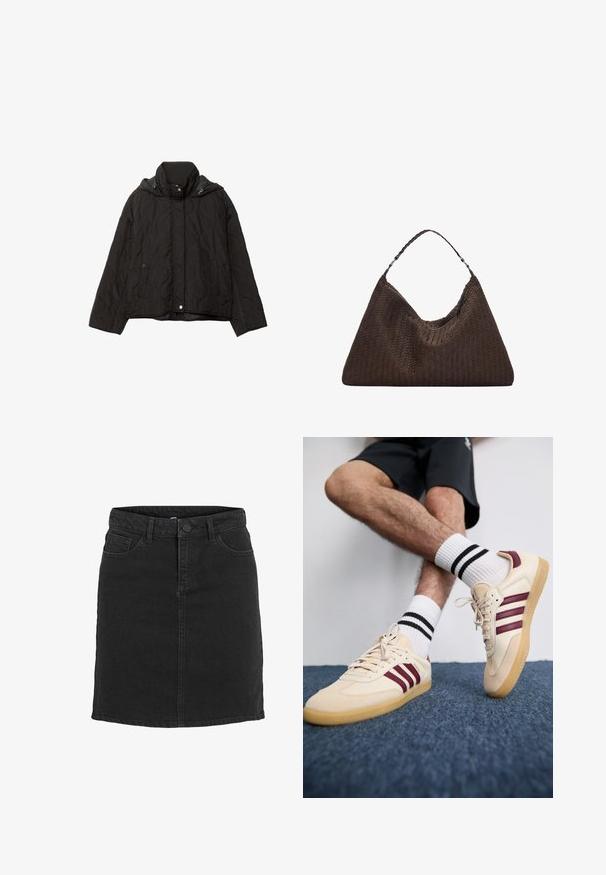 Svart quiltad jacka med hög krage, två framfickor och huva. Har en slät yta och tryckknappsstängning.; Ljusgrå stickad pullover med hög krage, sänkta axlar och ribbade muddar och fåll. Mjuk textur med en avslappnad passform.; Svart denimkjol med rak skärning, knappslutning fram och fem fickor. Har en ren fåll och minimalistisk design.; Beige sneakers med kastanjebranschiga ränder, texturerad ovandel och gummisulor, i kombination med ribbade vita strumpor med svarta ränder.; Brun vävd läderhandväska med en slapp, triangulär form. Har ett flätat handtag och en dragkedjestängning längs toppen.