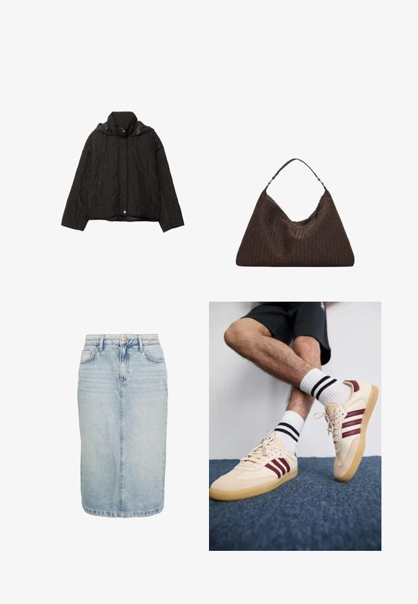 Schwarze gesteppte Jacke mit hohem Kragen, zwei vorderen Taschen und Kapuze. Verfügt über eine glatte Textur und einen Druckknopfverschluss.; Hellgrauer gestrickter Pullover mit hohem Kragen, überschnittenen Schultern und gerippten Bündchen und Saum. Weiche Textur mit einem lässigen Schnitt.; Denim Bleistiftrock in Hellblau, mit hoher Taille, vorderem Knopfverschluss, aufgenähten Taschen und geradem Schnitt mit ausgefranstem Saum.; Beige Sneakers mit maronenfarbenen Streifen, strukturiertem Obermaterial und Gummisohle, kombiniert mit gerippten weißen Socken mit schwarzen Streifen.; Braune, geflochtene Lederhandtasche mit einer lässigen, dreieckigen Form. Verfügt über einen geflochtenen Griff und einen Reißverschluss an der Oberseite.