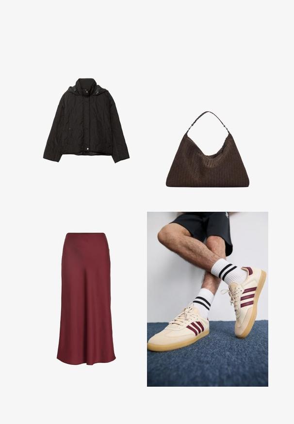 Czarna pikowana kurtka z wysokim kołnierzem, dwiema przednimi kieszeniami i kapturem. Posiada gładką teksturę i zapięcie na zatrzaski.; Jasnoszary dzianinowy sweter z wysokim kołnierzem, opadającymi ramionami oraz prążkowanymi mankietami i dołem. Miękka tekstura z luźnym krojem.; Bordowa satynowa spódnica maxi o gładkiej powierzchni i prostym fasonie A, z prostym pasem w talii i bez widocznych ozdób.; Beżowe sneakersy z bordowymi paskami, teksturowana cholewka i gumowa podeszwa, połączone z białymi skarpetami w prążki z czarnymi paskami.; Brązowa torebka skórzana pleciona o luźnym, trójkątnym kształcie. Posiada pleciony uchwyt i zamek błyskawiczny na górze.