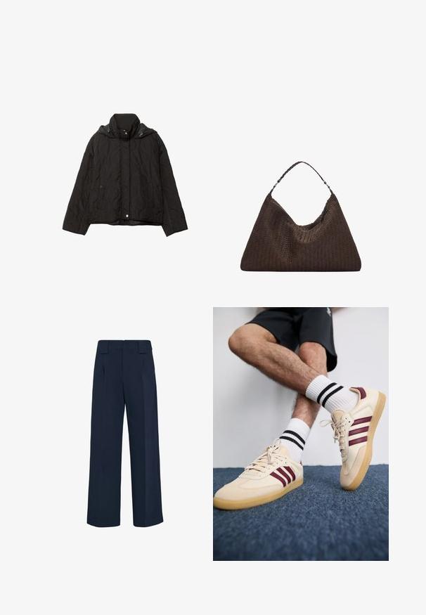 Schwarze gesteppte Jacke mit hohem Kragen, zwei vorderen Taschen und Kapuze. Verfügt über eine glatte Textur und einen Druckknopfverschluss.; Hellgrauer gestrickter Pullover mit hohem Kragen, überschnittenen Schultern und gerippten Bündchen und Saum. Weiche Textur mit einem lässigen Schnitt.; Navyblaue, weite Hosen aus einem glatten Stoff. Sie verfügen über eine hohe Taille mit Gürtelschlaufen und vorderen Falten für einen strukturierten Sitz.; Beige Sneakers mit maronenfarbenen Streifen, strukturiertem Obermaterial und Gummisohle, kombiniert mit gerippten weißen Socken mit schwarzen Streifen.; Braune, geflochtene Lederhandtasche mit einer lässigen, dreieckigen Form. Verfügt über einen geflochtenen Griff und einen Reißverschluss an der Oberseite.
