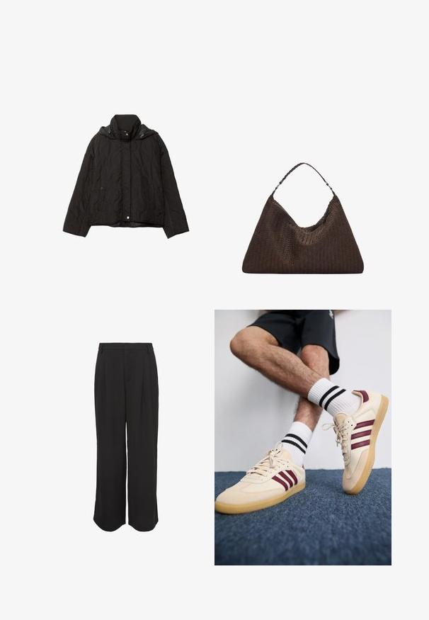 Veste matelassée noire avec un col montant, deux poches avant et une capuche. Présente une texture lisse et une fermeture à boutons-pression.; Pull en tricot gris clair avec un col montant, des épaules tombantes et des poignets et ourlet côtelés. Texture douce avec une coupe décontractée.; Pantalons larges noirs avec une texture lisse, devant plissé, poches latérales et une taille ajustée pour un ajustement décontracté mais structuré.; Baskets beiges avec des rayures bordeaux, tige texturée et semelle en caoutchouc naturel, accompagnées de chaussettes blanches côtelées avec des rayures noires.; Sac à main en cuir tissé marron avec une forme triangulaire et souple. Il possède une poignée tressée et une fermeture éclair sur le dessus.