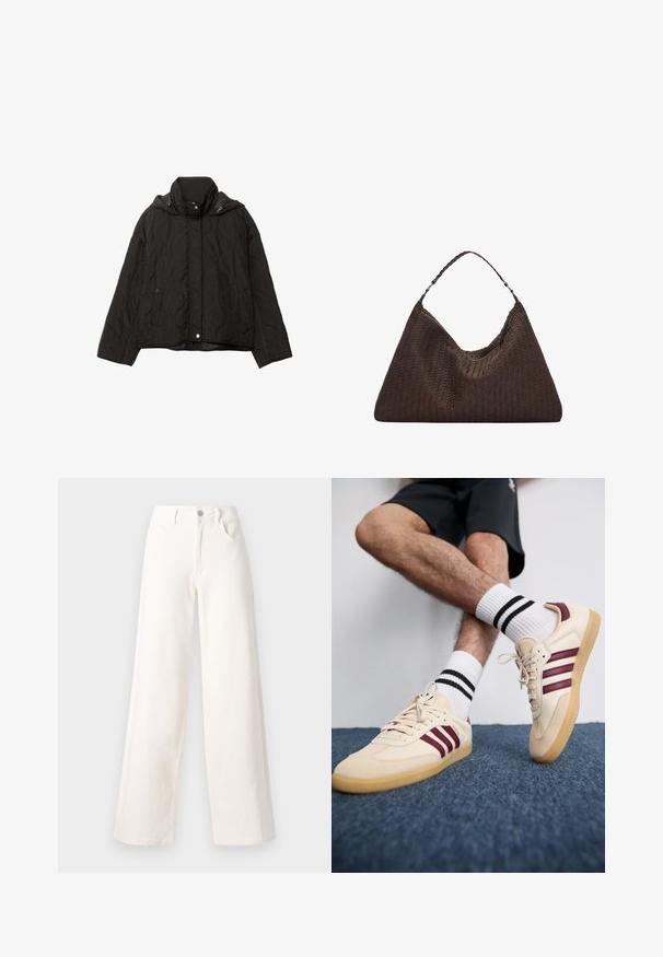 Mustat tikkikangas takki korkealla kauluksella, kahdella etutaskulla ja hupulla. Ominaisuuksina sileä pinta ja nepparikiinnitys.; Vaaleanharmaa neulottu villapaita, jossa on korkea kaulus, laskettu olkalinja ja ribbireunat hihoissa jahelmassa. Pehmeä rakenne ja rento istuvuus.; Vaatet käytävät leveät farkut, jotka on valmistettu valkoisesta denimistä. Niissä on edessä nappikiinnitys, kaksi sivutaskua ja siistit linjat ilman koristeluja.; Beige lenkkarit, joissa on viininpunaiset raidat, teksturoitu päällisemateriaali ja kumipohja, yhdistetty valkoisiin ribaatuihin sukkiin, joissa on mustat raidat.; Ruskean kudottu nahkainen käsilaukku, jolla on löysä, kolmiomainen muoto. Varustettu punotulla kahvalla ja vetoketjukiinnityksellä ylhäällä.