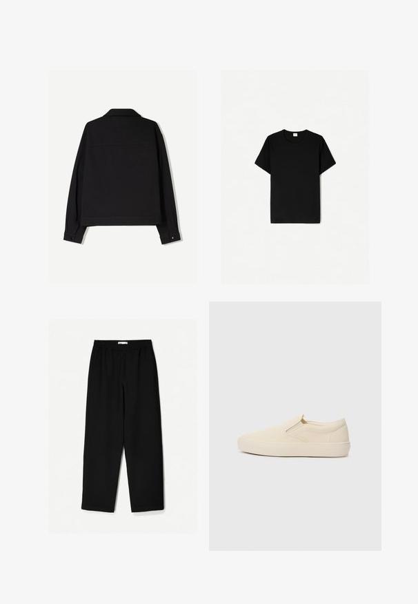 Čierna látková bunda s dlhými rukávmi, golierom a gombíkovými manžetami. Má jednofarebný dizajn a rovný strih.; Čierne tričko s krátkym rukávom, s klasickým výstrihom, vyrobené z mäkkej bavlny, s hladkým povrchom a bez viditeľných vzorov alebo akcentov.; Čierne nohavice s širokými nohavicami vyrobené z ľahkej tkaniny. Majú elasticitu v páse a hladký povrch. Bez viditeľných vzorov alebo kovania.; Béžové slip-on topánky vyrobené z plátna s gumovou podrážkou. Majú elastické bočné akcenty a hladký povrch. Jednoduchý, zaoblený dizajn.
