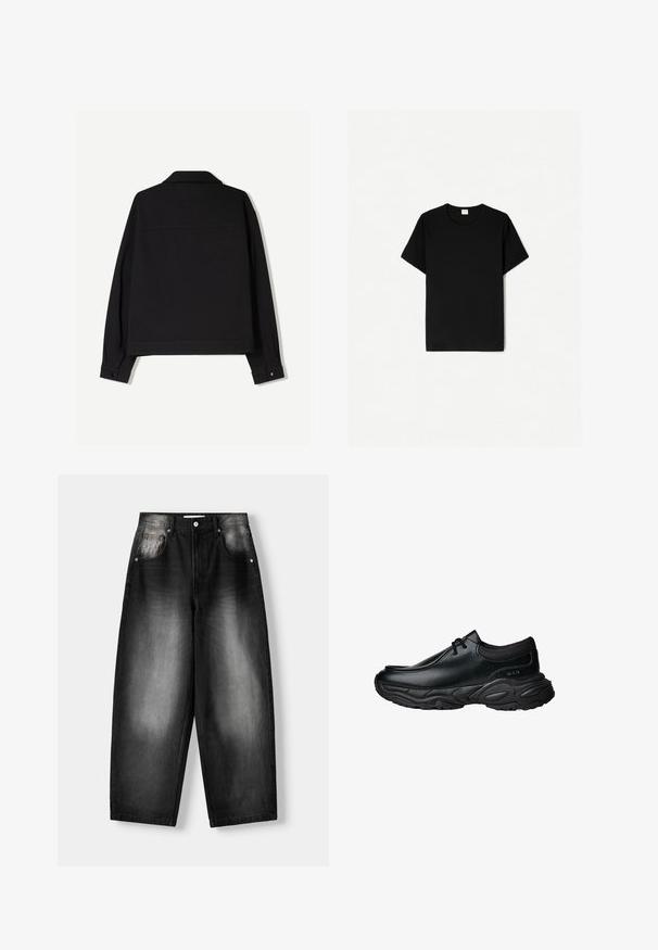 Mustaa kangasta oleva takki, jossa on pitkät hihat, kaulus ja napitettu hihansuu. Takissa on yksivärinen ilme ja suora leikkaus.; Musta lyhythihainen t-paita, pyöreä kaula-aukko, valmistettu pehmeästä puuvillamateriaalista, jossa on sileä pinta ja ei näkyviä kuvioita tai yksityiskohtia.; Mustat farkut, joissa on leveälahkeinen leikkaus, ja tummasta vaaleaan haalistuva gradientti, viisi taskua ja napitus.; Mustat nahkaiset liukujalkineet, joissa on pyöreä varvas ja paksu teksturoitu kumipohja. Ominaisuuksiin kuuluu hienovarainen ompelu ja joustavat yksityiskohdat kauluksessa.