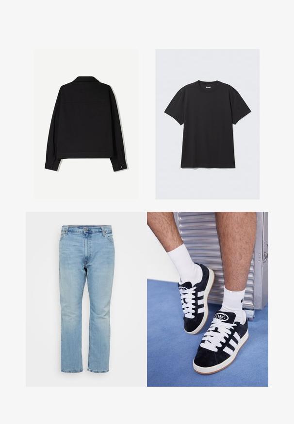 Čierna látková bunda s dlhými rukávmi, golierom a gombíkovými manžetami. Má jednofarebný dizajn a rovný strih.; Čierne tričko s krátkym rukávom vyrobené z bavlny. Má okrúhly výstrih a voľný strih. Jednoduchý dizajn bez vzorov alebo akcentov.; Svetlomodré rifľové nohavice so strihom na rovno, so stredne vysokým pásom, piatimi vreckami a kontrastným prešívaním.; Čierne semišové tenisky s bielymi šnúrkami a tromi bielymi pruhmi. Obsahujú kruhové čierne logo na jazyku a gumovú podrážku.