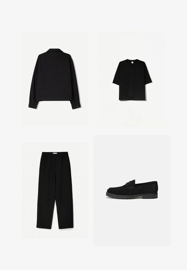 Czarna kurtka z tkaniny, z długimi rękawami, kołnierzem i zapięciem na guziki przy mankietach. Charakteryzuje się jednolitym kolorem oraz prostym krojem.; Czarna koszulka z krótkim rękawem, okrągłym dekoltem, wykonana z miękkiego materiału, o luźnym, pudełkowym kroju i minimalistycznym designie.; Czarne, szerokie spodnie wykonane z lekkiego materiału. Posiadają elastyczny pasek w talii oraz gładką teksturę. Brak widocznych wzorów czy elementów metalowych.; Czarne zamszowe mokasyny z zaokrąglonym noskiem i przeszyciem z przodu. Gumowa podeszwa z widocznym bieżnikiem dla lepszej przyczepności.