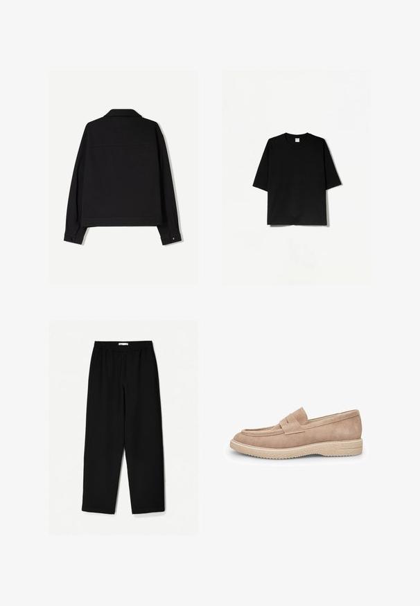 Fekete szövetdzseki hosszú ujjakkal, gallérral és gombos mandzsettákkal. Egyszínű és egyenes vonalú dizájn jellemzi.; Fekete, rövid ujjú póló, kerek nyakkivágással, puha anyagból készült, laza, téglalap alakú szabású és minimális dizájnnal rendelkezik.; Fekete, bő szárú nadrág könnyű anyagból. Rugalmas derékrésszel és sima felülettel rendelkezik. Nincsenek látható minták vagy hardverelemek.; Világos bézs velúr loafer, kerek orral, díszítő pánttal, valamint texturált gumitalppal a jobb tapadásért.