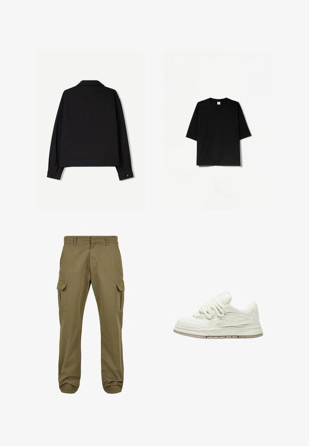 Črna jakna iz tkanine z dolgimi rokavi, ovratnikom in gumbi na manšetah. Ima enotno barvo in ravno krojeno zasnovo.; Črna kratka majica s kratkimi rokavi in okroglim izrezom, izdelana iz mehkega materiala, s sproščenim in kvadratnim krojem ter minimalističnim dizajnom.; Zelene cargo hlače s ravnim krojem, bombažni material, stranske žepe in gumbasto zaklepanje za funkcionalnost. Gladka tekstura, sproščen dizajn.; Bela tenisa z teksturirano površino in izrazitimi vezalkami. Ima debel, večplasten podplat in subtilne oblikovne poudarke na straneh.