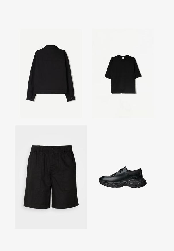 Černá látková bunda s dlouhými rukávy, límečkem a knoflíkovými manžetami. Má jednobarevný vzor a rovný střih.; Černé tričko s krátkým rukávem a kulatým výstřihem, vyrobené z měkké tkaniny, s volným, boxovitým střihem a minimalistickým designem.; Černé šortky s elastickým pasem a zapínáním na knoflík. Obsahují dvě velké boční kapsy s texturovanou tkaninou. Ležérní design.; Černé kožené nazouvací boty s kulatou špičkou a silnou texturovanou gumovou podrážkou. Mají jemné švy a elastické akcenty kolem límce.