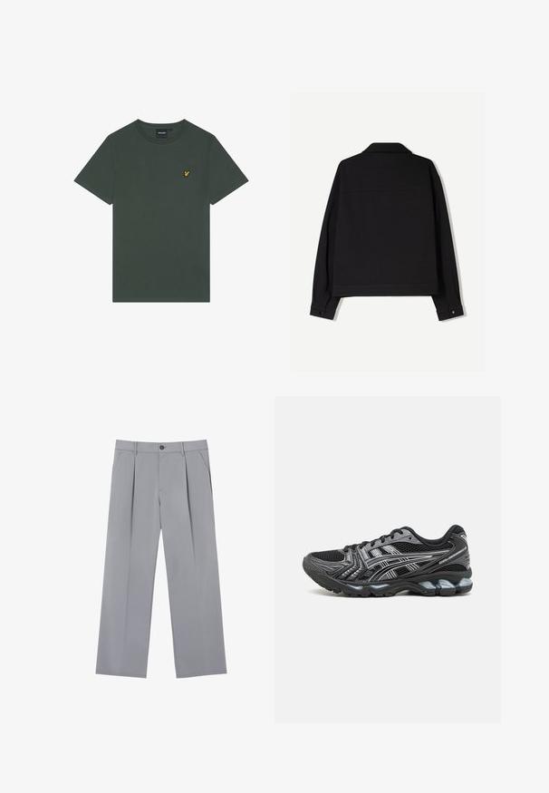 Sort stofjakke med lange ærmer, krave og knaplukning ved håndleddene. Har en ensfarvet stil og en lige skæring.; Mørkegrøn bomuld T-shirt med rund hals og korte ærmer. Har en lille gul broderet logo på venstre bryst.; Grå plisserede bukser med en afslappet pasform, lavet af et letvægtsstof. Har forlommer og en knaplukning i taljen.; Sort sportsko med mesh-overdel, sølv accenter og en dæmpet sål. Har snørebåndsdesign og struktureret sål for bedre greb.