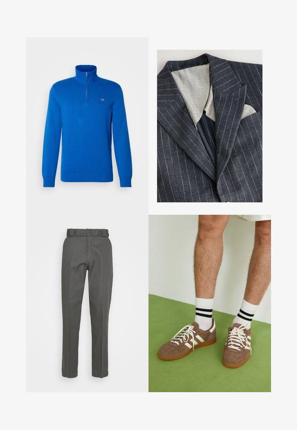 Tamno plava blejzer s prugicama, s teksturiranim svijetlo sivim podstavljanjem, reverima s urezom i džepom na prsima koji prikazuje bijelu maramicu.; Plavi zip-jakni pulover s rebrastom teksturom, pletenim materijalom, dugim rukavima i uskim rubom. Ima mali logo na prsima.; Sive hlače ravnog kroja, izrađene od glatkog materijala. Imaju pojas s petljama za remen i minimalne detalje sa šavovima.; Smeđe nubuk tenisice s bijelim detaljima i vezicama. Gumeni potplat. Nosene s bijelim čarapama s crnim prugama. Zeleno teksturirano pod.