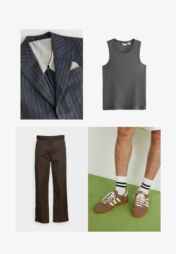 Blazer în dantelă albastru marin cu dungi, cu un căptușeală texturată de culoare gri deschis, cu rever tăiat și un buzunar pe piept care afișează o batistă albă.; Top gri fără mâneci, realizat din material cu textură nervurată. Are un decolteu rotund și deschideri largi pentru brațe. Eticheta din zona gâtului indică "NEXT".; Pantaloni maro cu croi drept, având un față plată, pasuri pentru curea și o textură netedă. Design simplu, fără modele sau accente.; Adidași maro din suede cu accente și șireturi albe. Talpă din cauciuc de culoare caramel. Purtați cu șosete albe cu dungi negre. Pardoseală verde texturată.