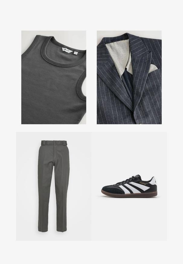 Blazer de rayas finas azul marino con un forro texturizado gris claro, solapas con muesca y un bolsillo en el pecho que exhibe un pañuelo blanco.; Top sin mangas de canalé gris oscuro con cuello redondo y una etiqueta de ropa visible en el cuello.; Pantalones grises con un diseño de pierna recta, hechos de una tela suave. Presentan una cinturilla con trabillas para cinturón y detalles de costura mínimos.; Zapatillas deportivas en blanco y negro con parte superior de ante y sintética, con tres franjas blancas distintivas, suela de goma y el texto dorado "Predator".