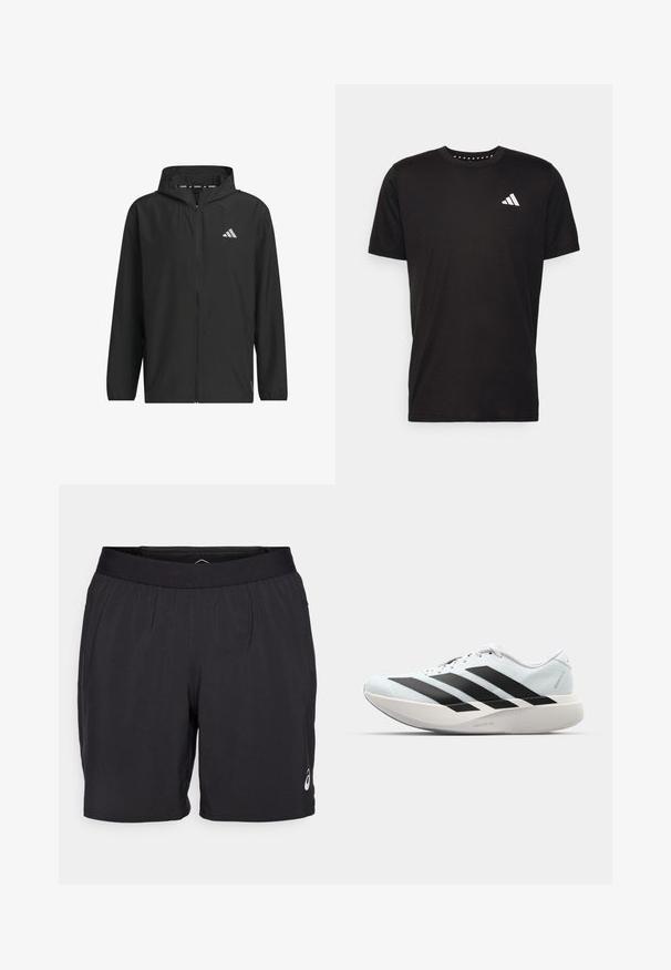 Black lightweight zip-up jacket with a hood, featuring a silver logo, smooth texture, and elastic cuffs.; Black cotton t-shirt with short sleeves, crew neckline, and a white logo on the left chest. Smooth texture and simple design.; ASICS ROAD SHORT - Sports shorts - performance black; Lightweight running shoes in pale blue with black stripes. Features a smooth upper, round toe, and thick white midsole labeled "LIGHTSTRIKE PRO."