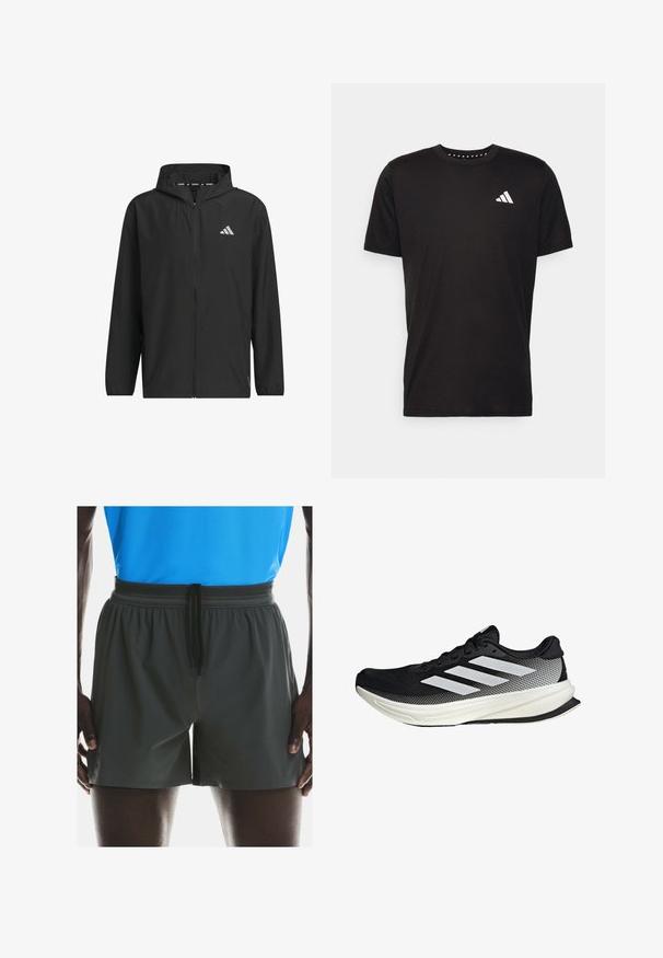 Chaqueta ligera negra con cremallera y capucha, que presenta un logo plateado, textura suave y puños elásticos.; Camiseta de algodón negra con mangas cortas, cuello redondo y un logo blanco en el lado izquierdo del pecho. Textura suave y diseño sencillo.; Bañador masculino gris oscuro con cinturilla elástica y cordón. Textura suave, longitud por encima de la rodilla y aberturas laterales para mayor movilidad.; Zapato deportivo negro con un diseño de malla, que presenta rayas blancas, una puntera redondeada y una suela texturizada para agarre y soporte.