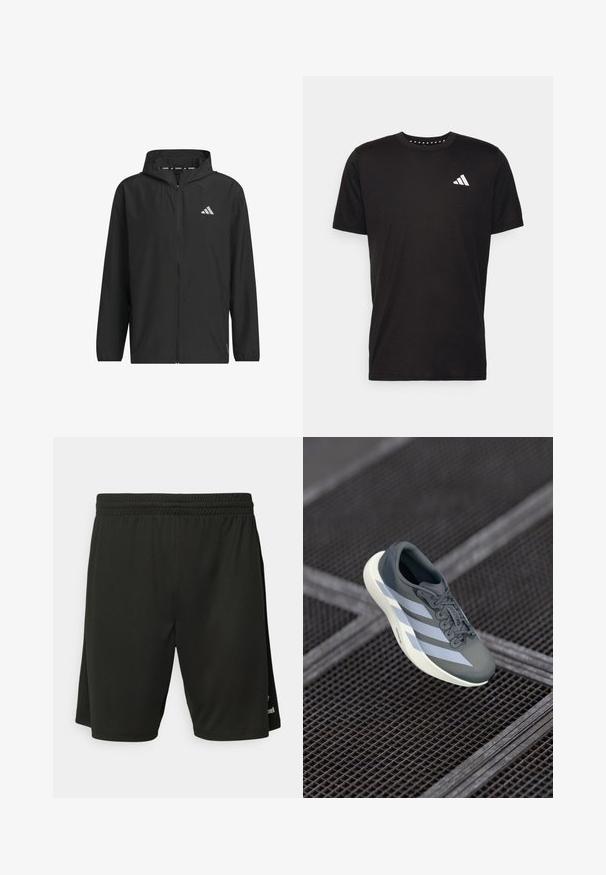 Jacket leveira preta com fecho zip e capucho, apresentando um logo prateado, textura suave e punhos elásticos.; T-shirt de algodão preto com mangas curtas, decote redondo e um logo branco no lado esquerdo do peito. Textura suave e design simples.; Calções atléticos pretos feitos de tecido leve, com um cós elástico e costuras planas. Inclui um detalhe discreto do logótipo na bainha.; Shoe desportivo em cinza e branco, feito de material sintético, com um design aerodinâmico, acabamento texturizado e um sistema de atacadores proeminente.