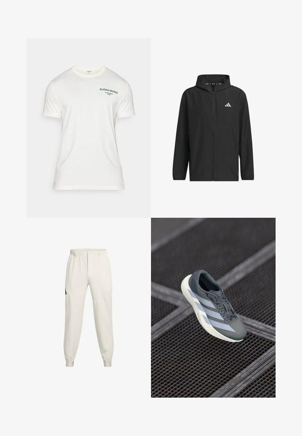 Sort letvægts zip-up jakke med hætte, der har et sølvlogo, glat tekstur og elastiske manchetter.; Hvid bomulds T-shirt med korte ærmer, rund halsudskæring og grøn trykt logo "BJÖRN BORG STOCKHOLM 1986" på venstre bryst.; Lys beige joggingbukser med elastisk talje, sidelommer og ribbede manchetter; har en sort logoaccent på venstre hoft.; Sportssko i grå og hvid, lavet af syntetisk materiale, med et strømlinet design, tekstureret overflade og fremtrædende snøresystem.