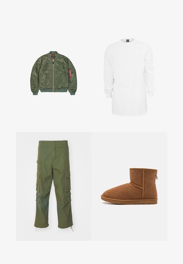 Olive green bomber jacket made of shiny nylon, featuring ribbed cuffs and waistband, two front pockets, and a zippered sleeve pocket with a red tag.; Long-sleeve white cotton t-shirt with a round neckline, loose fit, and ribbed cuffs. Plain design, no graphics or patterns.; Olive green cargo pants made of cotton, featuring side pockets, button closure, straight fit, and adjustable hems for a customizable length.; Brown suede ankle boot with a rounded toe, flexible rubber sole, and reinforced seam detailing. Includes a pull tab at the back.