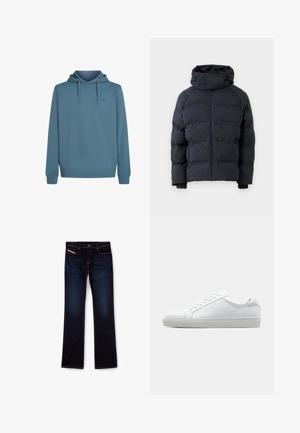 Svart puffjacka med hög krage, framdragkedja, dragkedjefickor på sidorna och justerbar huva med dragskor, uppvisad på en neutral bakgrund.; Huvtröja i mjuk, texturerad blått tyg. Har dragsnören, en ficka framtill och en liten logotyp på bröstet.; Mörkblå denimjeans med rak benmodell, med orange sömmar, dragkedja och framfickor. Slät textur och standard midja.; Vit sneaker med en slät läderövre och låg profil. Har en rundad tå, sex snörhål och en strukturerad gummisula.