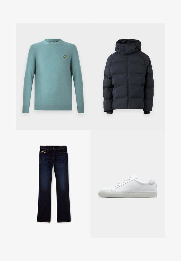 Črno puhovko z visokim ovratnikom, sprednjim zadrgo, žepi z zadrgo ob straneh in nastavljivo kapuco z vrvico, prikazano na enobarvnem ozadju.; Pulover z okrolim izrezom iz mehke tkanine v barvi modro-zelene, s dolgimi rokavi in rebrastim robom. Na prsih izvezen rumen logotip kot poudarek.; Temno modri jeans z ravnim krojem nogavic, s pomarančnim šivom, z zadrgo in sprednjimi žepi. Gladka tekstura in standardni pas.; Bela športna obutev z gladkim usnjenim zgornjim delom in nizkim profilom. Ima zaokrožen nos, šest lukenj za vezalke in teksturiran gumijast podplat.