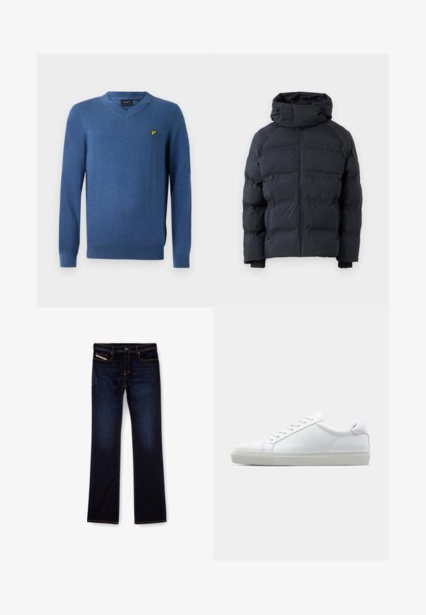 Svart pufferjakke med høy krage, frontglidelås, glidelåslommer på siden, og justerbar hette med snorer, vist på ensfarget bakgrunn.; Mennenes blå V-hals genser med lange ermer og en gul fuglelogo brodert på venstre bryst.; Mørkeblå denimjeans med rette ben, med oransje sømmer, glidelås og frontlommer. Glatt tekstur og standard linning.; Hvit sneakers med en glatt skinnoverdel og lav profil. Har en rund tå, seks snøring hull, og en teksturert gummisåle.