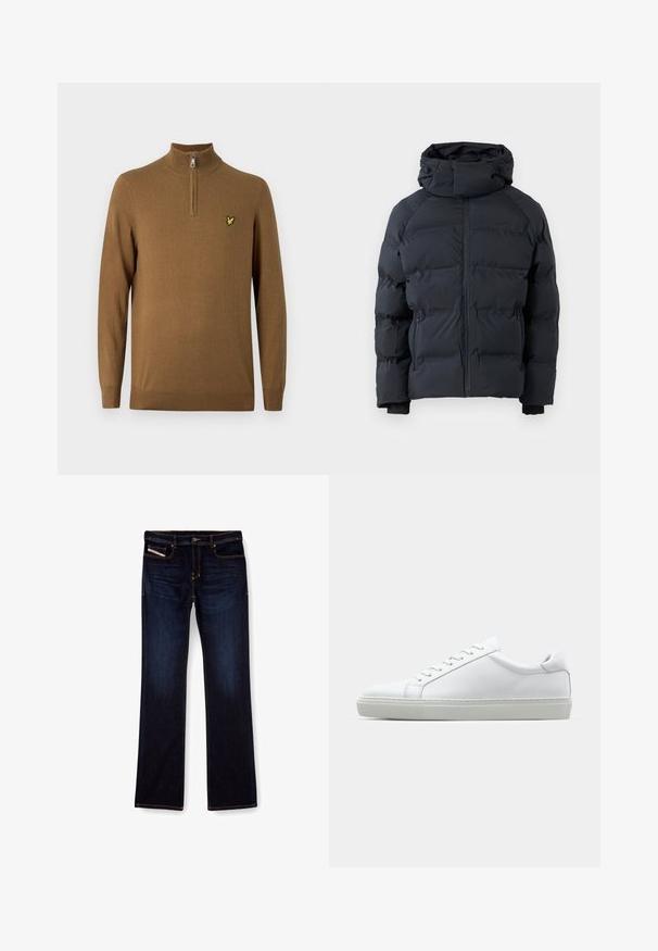 Black puffer jacket with high collar, front zipper, zippered side pockets, and adjustable hood with drawstrings, displayed on plain background.; Lyle & Scott QUARTER ZIP - Jumper - wild nettle; Dark blue denim jeans with a straight leg cut, featuring orange stitching, a zip fly, and front pockets. Smooth texture and standard waistband.; White sneaker with a smooth leather upper and a low profile. Features a rounded toe, six eyelets, and a textured rubber sole.