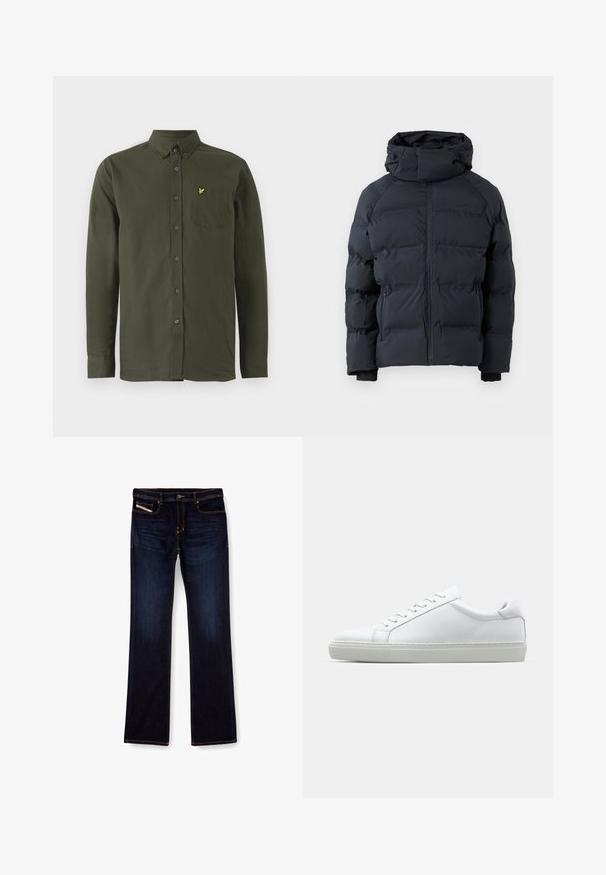 Chaqueta acolchada negra con cuello alto, cremallera frontal, bolsillos laterales con cremallera y capucha ajustable con cordones, presentada sobre un fondo liso.; Camisa de manga larga de color verde oscuro con botones, cuello abotonado, bolsillo en el pecho y pequeño logo de pájaro bordado en amarillo en el bolsillo.; Jeans de mezclilla de color azul oscuro con corte recto, con costuras naranjas, cremallera en la bragueta y bolsillos delanteros. Textura suave y cinturilla estándar.; Zapatilla blanca con parte superior de cuero liso y perfil bajo. Presenta una puntera redondeada, seis ojales y una suela de goma texturizada.