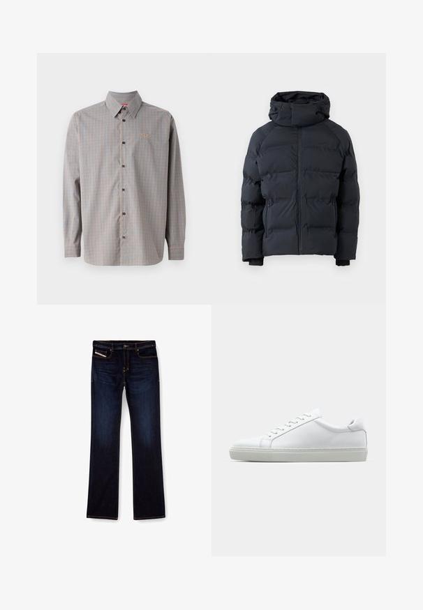 Schwarze Steppjacke mit hohem Kragen, vorderem Reißverschluss, seitlichen Reißverschlusstaschen und verstellbarem Kapuzenzug mit Kordelzügen, auf einfarbigem Hintergrund präsentiert.; Hemd aus Baumwolle mit einem blauen und orangefarbenen Karomuster, langen Ärmeln, spitzem Kragen und einem kleinen Logo im Bereich der Brusttasche.; Dunkelblaue Jeans aus Denim mit geradem Bein, ausgestattet mit orangefarbenen Nähten, einem Reißverschluss und Vordertaschen. Glatte Textur und Standardbund.; Weißer Sneaker mit glattem Lederobermaterial und niedrigem Profil. Verfügt über eine runde Zehenpartie, sechs Ösen und eine strukturierte Gummisohle.