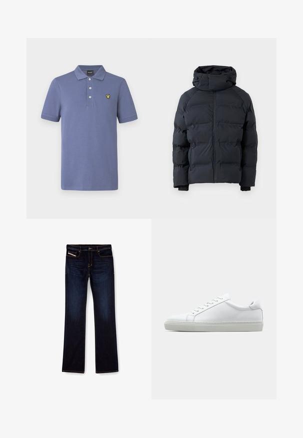 Sort pufferjakke med høj krave, frontlynlås, lynlåslommer på siden og justerbar hætte med snore, vist på ensfarvet baggrund.; Poloshirt i lyseblåt bomuld med klassisk krave, treknaps-åbning og gul logo-broderi på venstre bryst.; Mørkeblå denim jeans med lige ben, med orange syninger, lynlås og forlommer. Glat tekstur og standard talje.; Hvide sneakers med en glat læderoverdel og lav profil. Har en rund tå, seks snørehuller og en tekstureret gummisål.