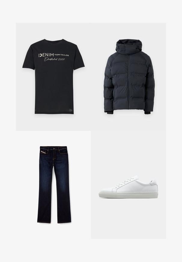 Melna pūkainā jaka ar augstu apkakli, priekšējām rāvējslēdzēja aizvēršanām, rāvējslēdzēja sānu kabatām un regulējamu kapuci ar saites vītnēm, attēlota uz vienkārša fona.; Melna kokvilnas T-kreklu ar uzrakstu "DENIM TOM TAILOR Izveidots 2007" baltās un pelēkās krāsās, ar apaļu kakla izgriezumu un īsām piedurknēm.; Tumši zili džinsi ar taisnu kāju griezumu, ar oranžiem diegiem, ar rāvējslēdzēja aizdari un priekšējām kabatām. Gluda auduma tekstūra un standarta jostasvieta.; Baltie sporta apavi ar gludu ādas virsu un zemu profilu. Iezīmējas ar noapaļotu purngalu, sešām acīm un teksturētu gumijas zoli.