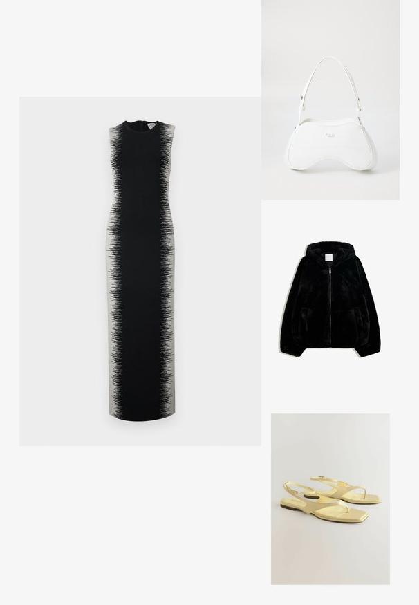 Veste en fausse fourrure noire avec zip sur le devant, capuche et poches latérales. Présente une texture lisse et une coupe décontractée pour le confort.; Robe sans manches noire avec une silhouette longue et épurée présentant un motif dégradé gris passant d'une teinte unie à une texture.; Sandales plates jaunes avec une tige en simili cuir texturé, design à lanière entre les orteils et une sangle de cheville avec une petite boucle. Forme de pied carrée, style minimaliste.; Sac à main blanc avec une surface lisse et brillante, forme courbée et une seule bandoulière ajustable. Il présente un logo embossé à l'avant.