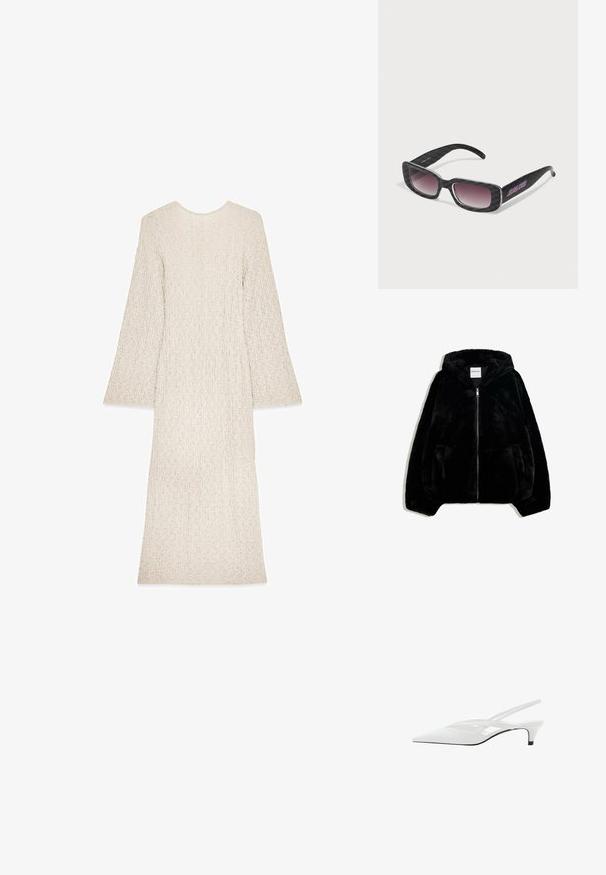 Musta keinoturkki takki, jossa on vetoketju edessä, huppu ja sivutaskut. Ominaisuuksina sileä pinta ja rento istuvuus mukavuutta varten.; Pitkä, kermaisen värinen mekko, jossa on teksturoitu kangas, pyöreä pääntie ja leveät hihat. Yksinkertainen, suora siluetti ilman näkyviä kiinnityksiä.; Valkeat nilkkaremmikengät, joissa on terävä kärki, sileä päällinen, hienovaraiset aukot ja matala lohkopohja. Musta pohja korostaa muotoilua.; Aurinkolasit, joissa on musta ruutukuvio, neliömäiset kehykset, liukuvärjätyt linssit ja violetit brändityön yksityiskohdat yhdellä varrella.; Valkoinen käsilaukku, jossa on sileä, kiiltävä pinta, kaareva muoto ja yksi säädettävä olkahihna. Edessä on logo painettuna.