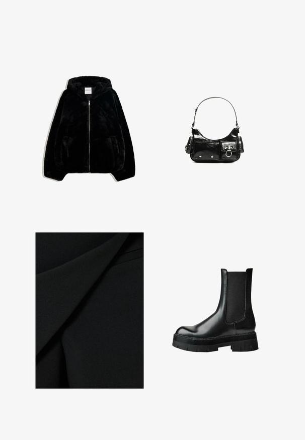 Sort jakke i faux pels med lynlås foran, hætte og sidelommer. Har en glat tekstur og en afslappet pasform for komfort.; Sort langærmet crewneck-sweater med ribbede ærmekanter og kant nederst, vist fladt på en hvid baggrund.; Sort stof med en glat, mat tekstur, der har lagdelte folder og en struktureret design, der skaber et elegant udseende.; Sort læderankelstøvle med elastisk sidepanel, rund snude, kraftig platformssål og tekstureret overdel for ekstra greb.; Sort patenteret læder håndtaske med en buet form, en skulderrem, frontlommer og hardware accenter i sølvfarve.