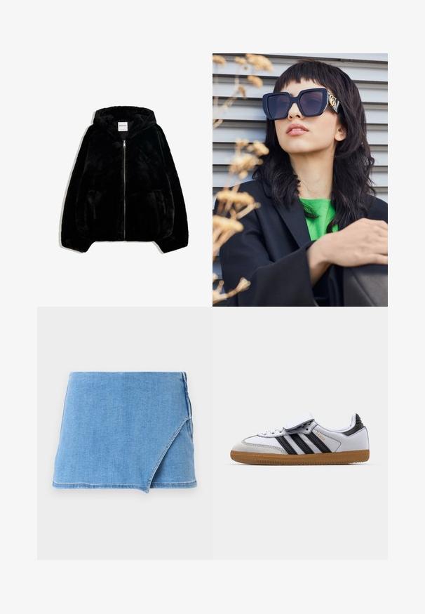 Zwarte nepbontjas met een ritssluiting aan de voorkant, capuchon en zijzakken. Beschikt over een gladde textuur en een losvallende pasvorm voor comfort.; Gestreepte sweatshirt in zwart en grijs, met een off-the-shoulder ontwerp en een opvallende witte "92" print op de voorkant. Zachte textuur, met cuffs aan de mouwen.; Denim minirok in lichtblauw, met een wikkelontwerp, een rafelige zoom en een gladde textuur. Geen aanvullende versieringen of patronen.; Witte leren sneaker met zwarte strepen en grijze accenten, met een afgeronde neus en een gumrubberen buitenzool. Klittenbandsluiting en veters.; Overgedimensioneerde zwarte zonnebril met een dikke rand en gouden accent, gedragen met een zwarte blazer en felgroen shirt, tegen een horizontale achtergrond.