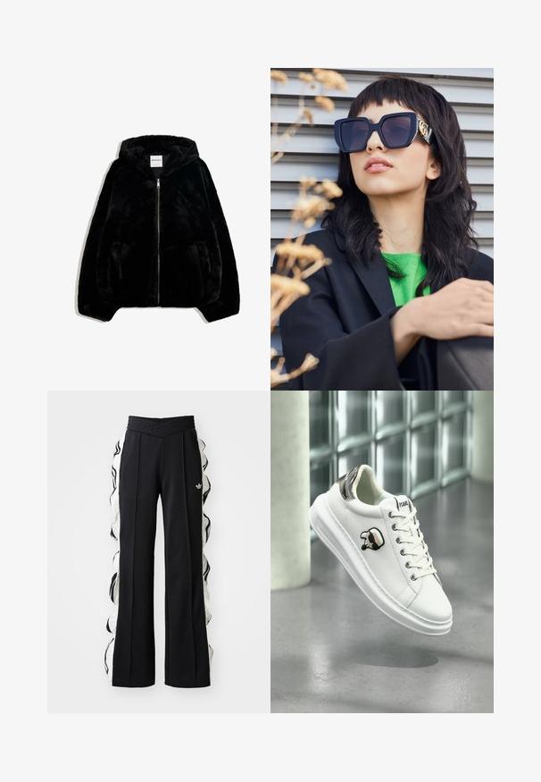 Czarna kurtka z futerka syntetycznego z zapięciem na zamek z przodu, kapturem i kieszeniami bocznymi. Charakteryzuje się gładką teksturą i luźnym krojem, co zapewnia komfort.; Pasiasty sweatshirt w kolorze czarnym i szarym, z projektem odkrywającym ramiona i wyraźnym białym nadrukiem "92" z przodu. Miękka tekstura, mankiety z zamkniętym ściągaczem.; Czarne spodnie sportowe z teksturowanym paskiem w talii, z białymi panelami bocznymi i falbaniastymi detalami, oraz haftowanym logo z przodu.; Białe sneakersy Karl Lagerfeld z sznurowanym przodem, czarną i beżową naszywką z logo oraz metaliczną srebrną pętelką na pięcie, unoszące się nad szarym podłożem.; Przesadnie duże czarne okulary przeciwsłoneczne z grubą oprawką i złotym akcentem, noszone z czarną marynarką i jasnoróżową koszulą, na poziomym tle.