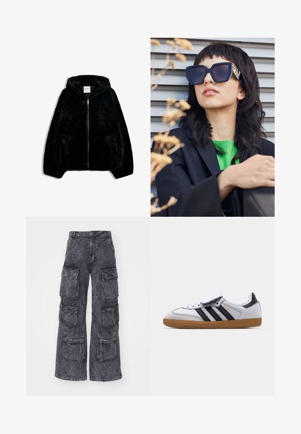 Schwarze Kunstfelljacke mit Reißverschluss vorne, Kapuze und Seitentaschen. Sie verfügt über eine glatte Textur und eine lockere Passform für zusätzlichen Komfort.; Gestreifte Sweatshirt in Schwarz und Grau mit einem schulterfreien Design und einem auffälligen weißen "92"-Druck auf der Vorderseite. Weicher Stoff, mit Bündchen an den Ärmeln.; Alpha Industries MULTIPOCKET PANT - Cargohose - black; Weiße Ledersneaker mit schwarzen Streifen und grauen Akzenten, ausgestattet mit einer runden Zehenpartie und einer Laufsohle aus Gummi. Mit Klettverschluss und Schnürung.; Übergroße schwarze Sonnenbrille mit dickem Rahmen und goldenen Akzenten, getragen mit einem schwarzen Blazer und einem leuchtend grünen Hemd, vor einem horizontalen Hintergrund.; Grau strukturierte Handtasche mit gepolstertem Griff, Netzelementen, verstellbarem Schulterriemen und einem vorderen Verschluss. Kompaktes Design mit abgerundeter Form.