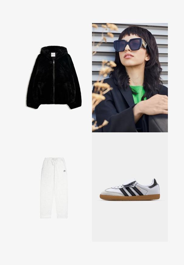 Schwarze Kunstfelljacke mit Reißverschluss vorne, Kapuze und Seitentaschen. Sie verfügt über eine glatte Textur und eine lockere Passform für zusätzlichen Komfort.; Gestreifte Sweatshirt in Schwarz und Grau mit einem schulterfreien Design und einem auffälligen weißen "92"-Druck auf der Vorderseite. Weicher Stoff, mit Bündchen an den Ärmeln.; Hellgraue Jogginghose aus weichem Material, mit einem elastischen Bund und Kordelzug, seitlichen Taschen und einem kleinen Logo auf der Vorderseite.; Weiße Ledersneaker mit schwarzen Streifen und grauen Akzenten, ausgestattet mit einer runden Zehenpartie und einer Laufsohle aus Gummi. Mit Klettverschluss und Schnürung.; Übergroße schwarze Sonnenbrille mit dickem Rahmen und goldenen Akzenten, getragen mit einem schwarzen Blazer und einem leuchtend grünen Hemd, vor einem horizontalen Hintergrund.