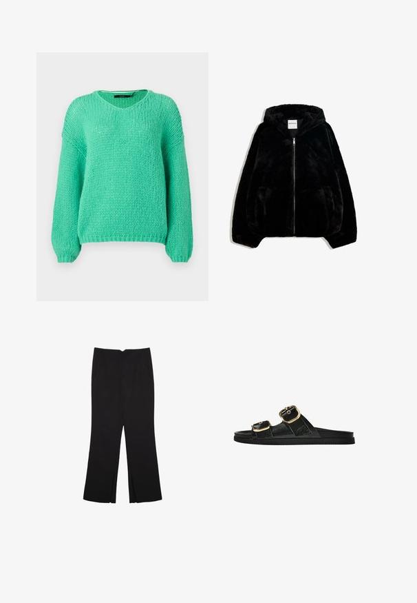 Svart fuskpälsjacka med dragkedja fram, huva och sidofickor. Har en slät yta och en avslappnad passform för komfort.; Mintgrön, tjock stickad tröja med V-ringning, långa ärmar och en mjuk textur. Har en avslappnad passform och ribbade manschetter.; Svarta byxor med rak passform, utrustade med framfickor och sidoklyvningar vid fållen. Tillverkade av mjukt, slätt tyg. Lämpliga för olika tillfällen.; Svart glidsandal med två guldfärgad spännen, slät textur av material, platt sula och en minimalistisk design.