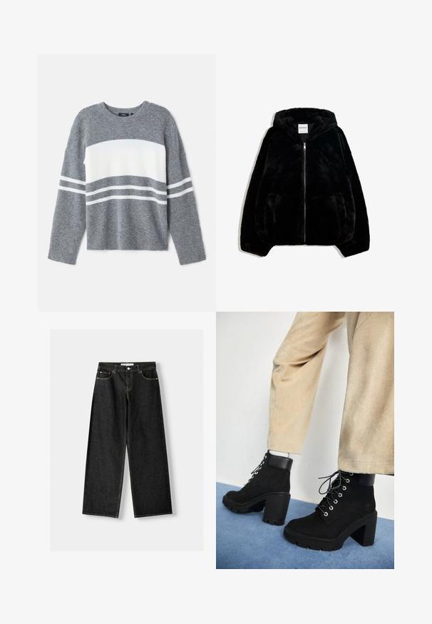 Czarna kurtka z futerka syntetycznego z zapięciem na zamek z przodu, kapturem i kieszeniami bocznymi. Charakteryzuje się gładką teksturą i luźnym krojem, co zapewnia komfort.; Szary sweter z białym poziomym paskiem, z elastycznymi mankietami i okrągłym dekoltem. Wykonany z miękkiego, teksturowanego materiału.; Czarne dżinsy o szerokich nogawkach z pięcioma kieszeniami, metalowym guzikiem i zapięciem na zamek, oraz kontrastowym żółtym przeszyciem wzdłuż szwów.; Czarne zamszowe botki na kostkę z grubym obcasem, okrągłym noskiem i srebrnymi oczkami, z matowym czarnym skórzanym kołnierzem i teksturowaną podeszwą.