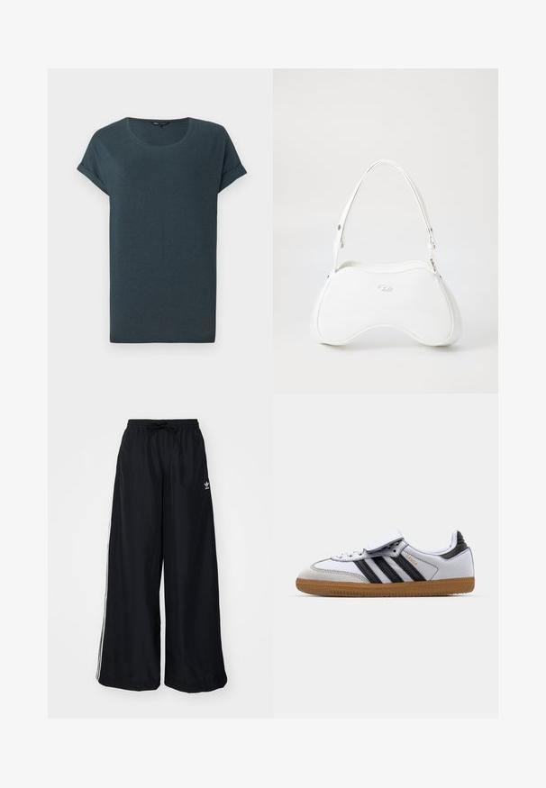 Zwarte nepbontjas met een ritssluiting aan de voorkant, capuchon en zijzakken. Beschikt over een gladde textuur en een losvallende pasvorm voor comfort.; Donkergrijze t-shirt met korte mouwen, een ronde hals, zachte textuur en opgerolde mouwen, met een eenvoudig, onversierd ontwerp.; Zwarte wijde pijpen broek gemaakt van lichtgewicht stof. Heeft een elastische tailleband met een trekkoord en witte zijstrepen. Merklogo op de heup.; Witte leren sneaker met zwarte strepen en grijze accenten, met een afgeronde neus en een gumrubberen buitenzool. Klittenbandsluiting en veters.; Witte handtas met een glad, glanzend oppervlak, gebogen vorm en een enkele verstelbare schouderriem. Heeft een logo dat aan de voorkant is geperst.