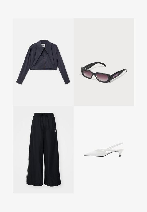 Črna jakna iz umetnega krzna z zadrgo spredaj, kapuco in stranskimi žepi. Ima gladko teksturo in sproščen kroj za udobje.; Kratevna temno modra srajca z velikim konusnim ovratnikom, dolgimi rokavi in gumbnim zapiranjem. Narejena je iz gladkega, strukturiranega materiala.; Črne široke hlače iz lahkega blaga. Imajo elastičen pas z vrvico in bele stranske črte. Logotip blagovne znamke na boku.; Bela slingback peta z ošiljenim nosom, z gladkim zgornjim delom, subtilnimi izrezi in nizkim blok petkom. Črna podplat poudarja dizajn.; Sončna očala s črno karo vzorcem, kvadratnimi okvirji, gradientnimi lečami in vijoličnim logotipom na enem izmed krakov.