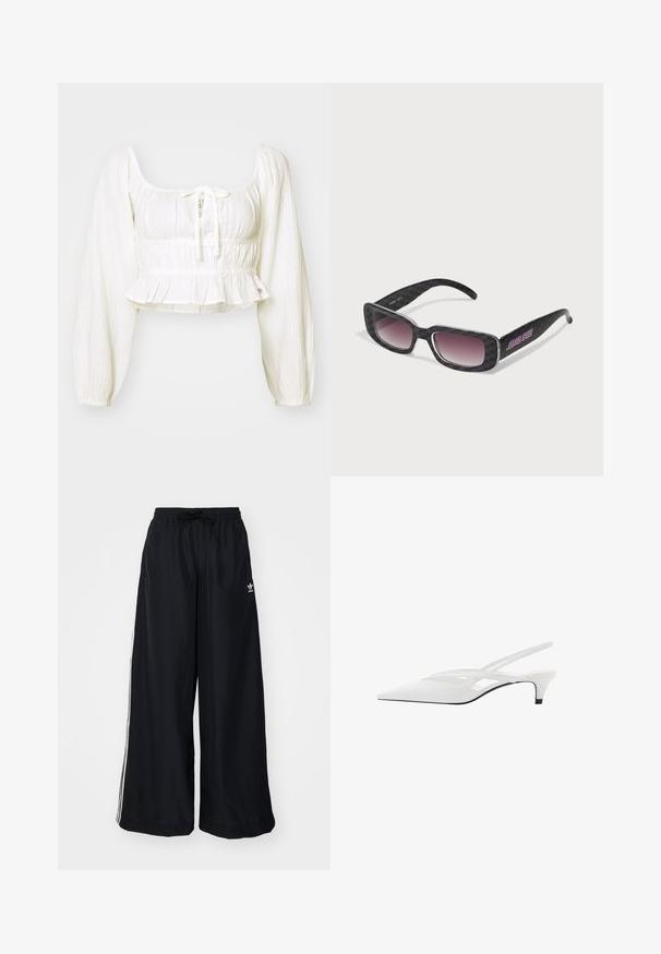Svart fuskpälsjacka med dragkedja fram, huva och sidofickor. Har en slät yta och en avslappnad passform för komfort.; Vit, texturerad kort topp med fyrkantig halsringning, långa puffärmar och en dragsko. Smockad midja med rynkig detalj nedtill.; Svarta vida byxor i lättviktsmaterial. Har resårmidja med dragsko och vita sidostreck. Varumärkeslogotyp på höften.; Vit slingback-häl med spetsig tå, med en slät ovandel, subtila utskärningar och en låg blockklack. Svart sula framhäver designen.; Sunglasses med svart rutmönster, fyrkantiga bågar, graduerade linser och lila logotyp på ena armen.; Vit handväska med en slät, glänsande yta, rundad form och ett justerbart axelband. Har en logotyp präglad på framsidan.