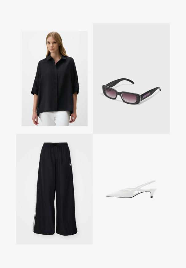 Zwarte nepbontjas met een ritssluiting aan de voorkant, capuchon en zijzakken. Beschikt over een gladde textuur en een losvallende pasvorm voor comfort.; Zwarte, losvallende shirt met een kraag, knoopsluiting aan de voorkant en korte opgerolde mouwen. Een zachte textuur; langere achterzoom. Te combineren met witte broek.; Zwarte wijde pijpen broek gemaakt van lichtgewicht stof. Heeft een elastische tailleband met een trekkoord en witte zijstrepen. Merklogo op de heup.; Witte slingback hak met spitse neus, voorzien van een gladde bovenkant, subtiele uitsparingen en een lage blokhak. Zwarte zool accentueert het ontwerp.; Zonnebril met een zwart geruit ontwerp, vierkante monturen, geleidelijke getinte lenzen en paarse merkdetails op een van de armen.; Witte handtas met een glad, glanzend oppervlak, gebogen vorm en een enkele verstelbare schouderriem. Heeft een logo dat aan de voorkant is geperst.