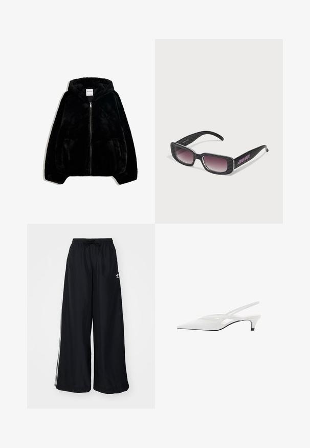 Black faux fur jacket with a zip front, hood, and side pockets. Features a smooth texture and relaxed fit for comfort.; Black ribbed crop top with adjustable thin straps, featuring three white stripes on the sides and a small white Adidas logo at the center.; Black wide-leg pants made from lightweight fabric. Features an elastic waistband with drawstring and white side stripes. Brand logo on hip.; White slingback heel with pointed toe, featuring a smooth upper, subtle cutouts, and a low block heel. Black sole accentuates design.; Sunglasses featuring a black checkered design, square frames, gradient tinted lenses, and purple branding detail on one arm.; White handbag with a smooth, glossy surface, curved shape, and a single adjustable strap. Features a logo embossed on the front.