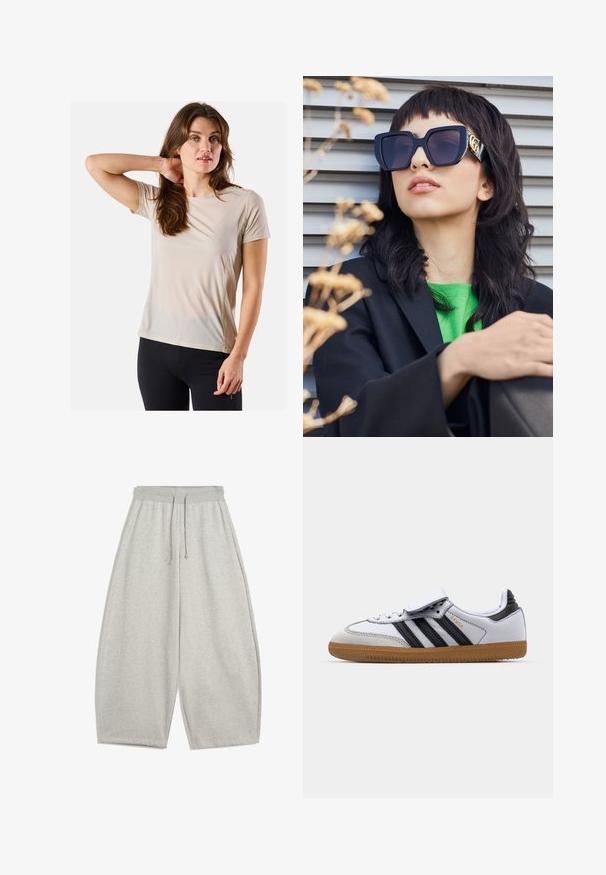 Zwarte nepbontjas met een ritssluiting aan de voorkant, capuchon en zijzakken. Beschikt over een gladde textuur en een losvallende pasvorm voor comfort.; Beige sportt-shirt met korte mouwen, lichtgewicht materiaal, gladde textuur en subtiele stikdetails, gecombineerd met zwarte strakkere broek.; Lichtgrijze wijde sweatpants met elastische tailleband en trekkoord, voorzien van zijzakken en een ontspannen pasvorm.; Witte leren sneaker met zwarte strepen en grijze accenten, met een afgeronde neus en een gumrubberen buitenzool. Klittenbandsluiting en veters.; Overgedimensioneerde zwarte zonnebril met een dikke rand en gouden accent, gedragen met een zwarte blazer en felgroen shirt, tegen een horizontale achtergrond.