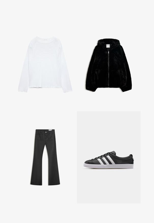 Zwarte nepbontjas met een ritssluiting aan de voorkant, capuchon en zijzakken. Beschikt over een gladde textuur en een losvallende pasvorm voor comfort.; Witte langmouwen top met een ronde halslijn, gemaakt van lichte stof. Voorzien van raglanmouwen en een ontspannen pasvorm. Glad van textuur, geen patronen.; Zwarte flared jeans van denim met een gladde textuur, voorzien van twee achterzakken en een knoopsluiting bij de taille.; Zwarte lederen sneaker met een witte drie-strepen ontwerp, ronde neus, platte witte rubberen zool en merkdetail aan de zijkant.