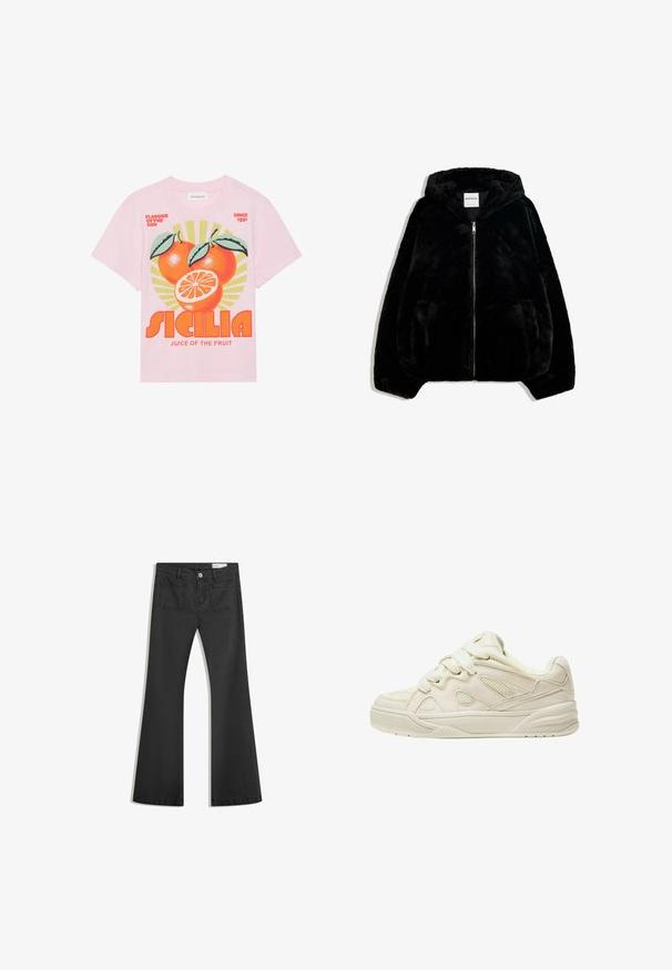 Musta keinoturkki takki, jossa on vetoketju edessä, huppu ja sivutaskut. Ominaisuuksina sileä pinta ja rento istuvuus mukavuutta varten.; Vaaleanpunainen puuvillapaita, jossa on elävä grafiikka kolmesta appelsiinista lehtien kanssa, auringonsäteiden tausta ja rohkeaa tekstiä "SICILIA JUICE OF THE FRUIT."; Mustat leveälahkeiset farkut, jotka on valmistettu sileästä denimmateriaalista. Farkuissa on kaksi takataskua ja nappikiinnitys vyötäröllä.; Beige lenkkarit, joissa on teksturoitu päällinen, huomiota herättävät nauhat, verkkopaneelit ja paksu pohja. Kaareva muotoilu ja pehmustettu nilkkareunus mukavuutta varten.