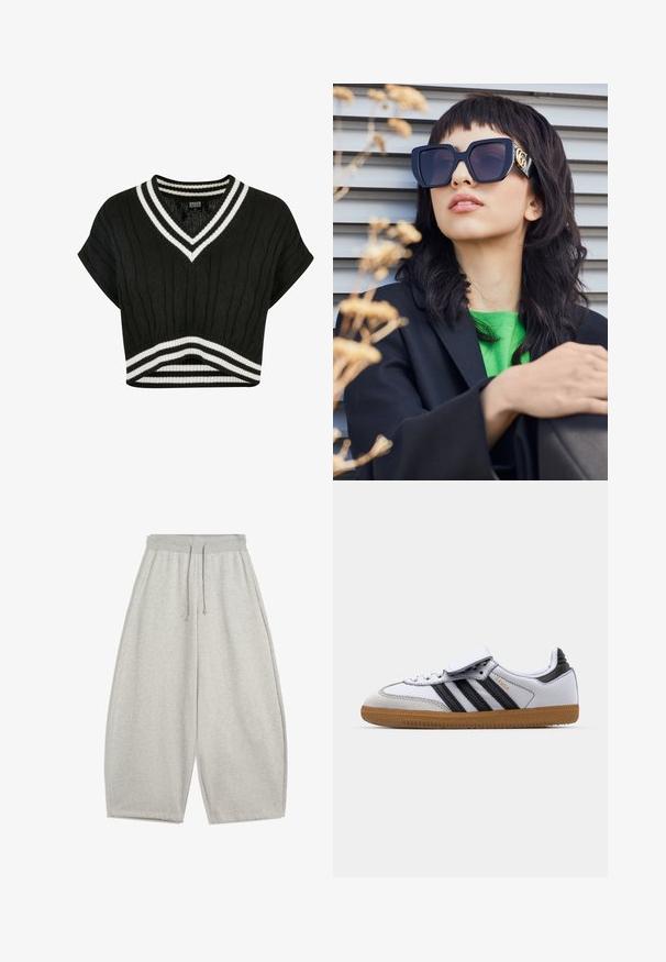 Černá umělá kožušinová bunda se zipem vpředu, kapucí a bočními kapsami. Má hladkou texturu a uvolněný střih pro pohodlí.; Černý zkrácený svetr s výstřihem do V, kabelkovým pletením, krátkými rukávy a dvojitými bílými pruhy na límci a lemu.; Svetle šedé volné teplákové kalhoty se širokými nohavicemi, elastickým pasem a šňůrkou, které mají boční kapsy a uvolněný střih.; Bílé kožené tenisky s černými pruhy a šedými detaily, s kulatou špičkou a gumovou podrážkou. Spona na suchý zip a šněrování.; Příliš velké černé sluneční brýle s tlustým rámem a zlatým akcentem, nošené s černým sako a jasně zelenou košilí, na horizontálním pozadí.